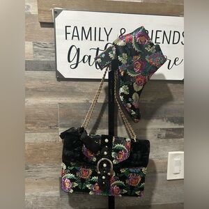 J.Renee Black Floral Boots Size 11 w/Embroidered Shoulder Bag